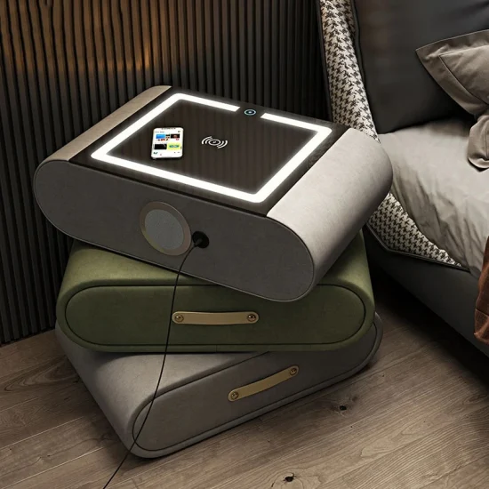 Nova Multifunktions-intelligenter drehbarer Nachttisch, moderne Hotelschlafzimmermöbel, Leinenstoff-Finish, intelligenter Nachttisch mit Ladestation